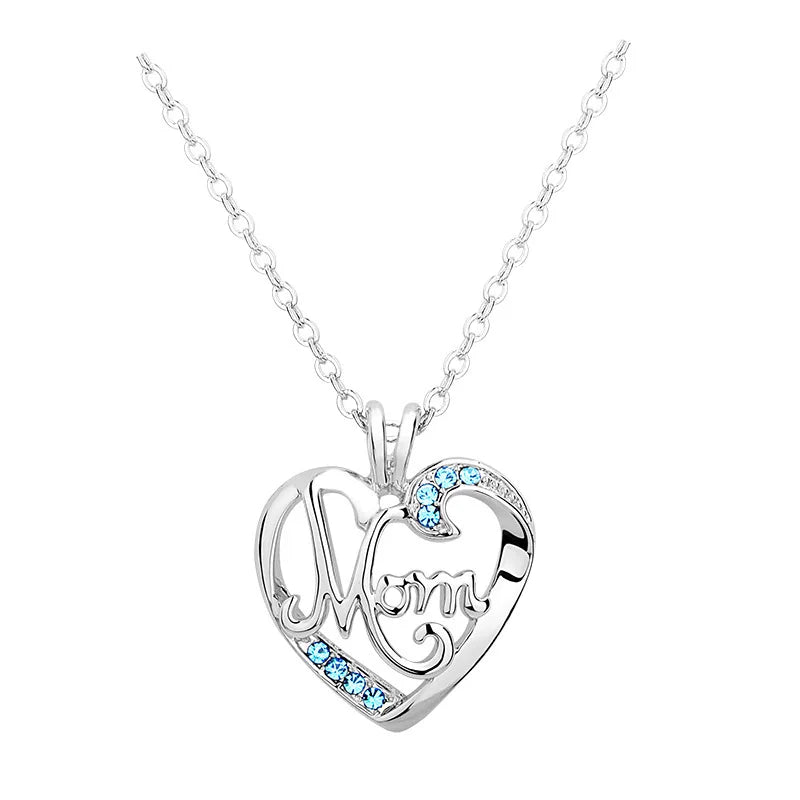 Romantic Twisted Link Chain Zinc Alloy Heart Mom Necklace with Silvery Cubic Zirconia Pendant Gold Plated Mother's Day Gift