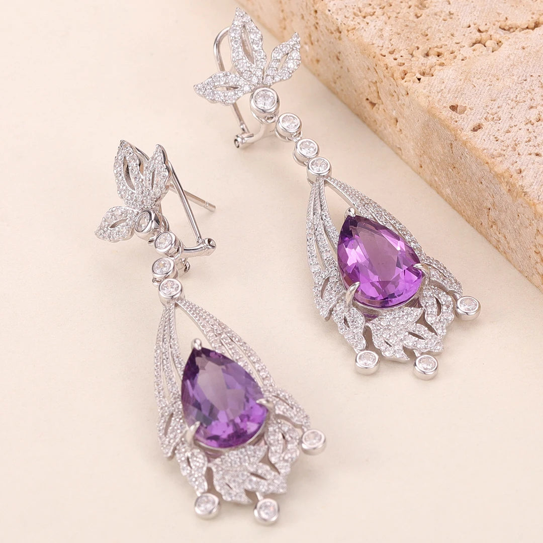 ZL0065 Exquisite Details 925 Sterling Silver Amethyst Wholesale Prices Glamorous Purple Gemstone Birthstone Earrings