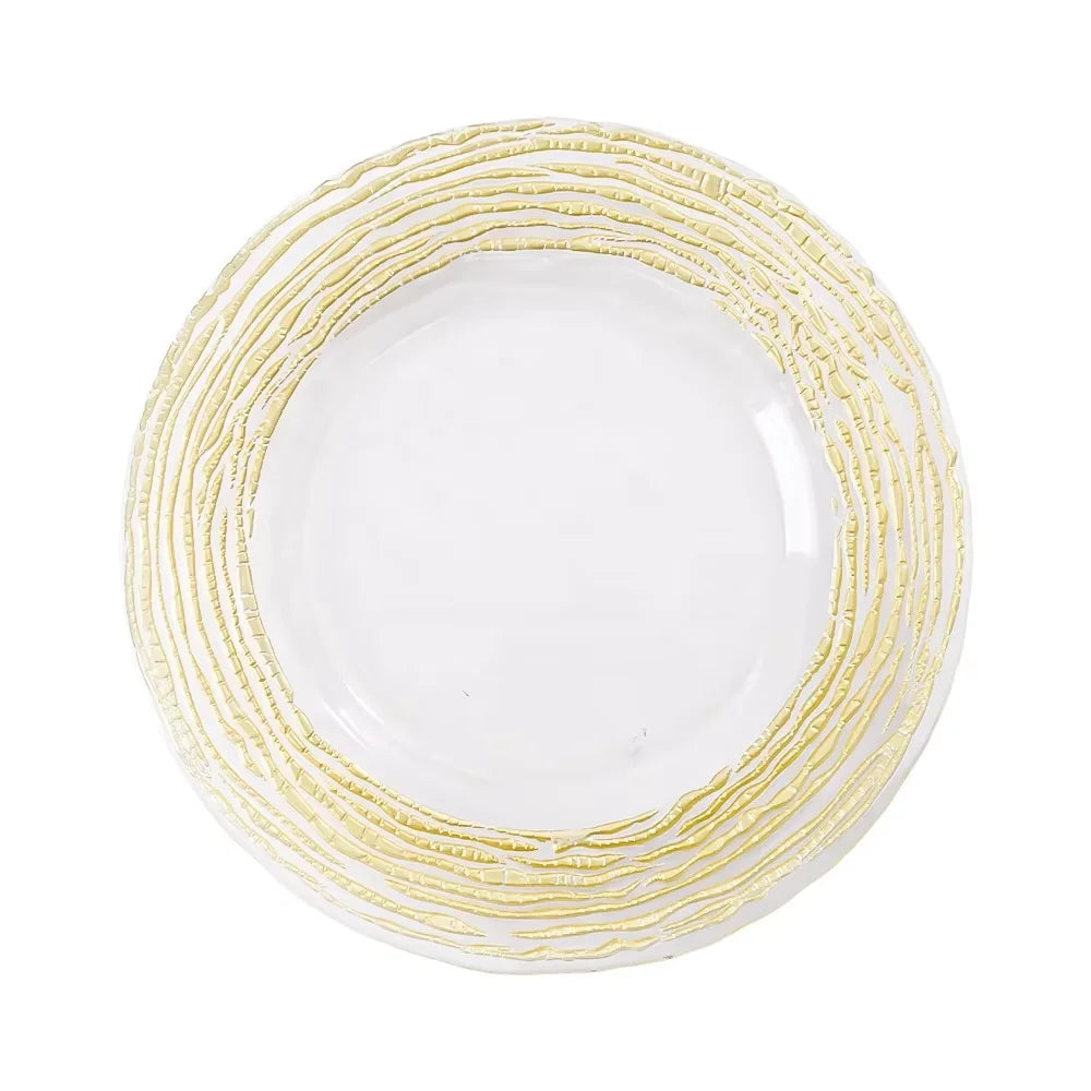 Factory Direct Sale European Style Lead Free Food Safe Crystal Clear with Gold Rim Round Charger Glass Plate for Wedding