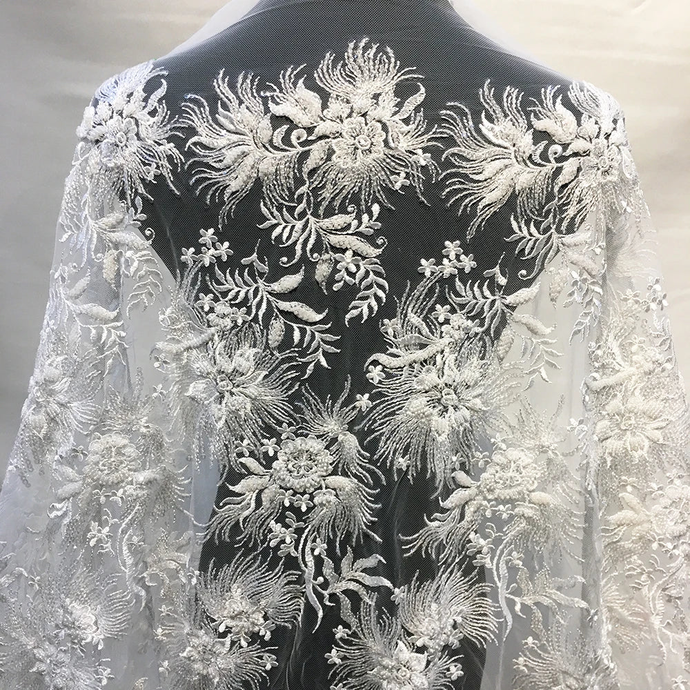 Fashion Luxury Tulle Mesh Flower Embroidered Sequins Beaded Lace Fabric for Bridal Party Dresses