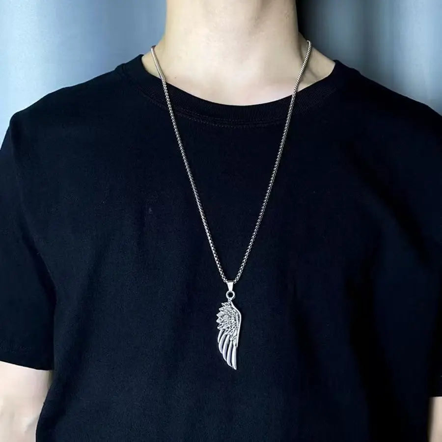 Vintage Antique Silver Angel Wing Pendant Necklace Men Women Box Chain Fashion Punk Wing Necklace Jewelry Gift