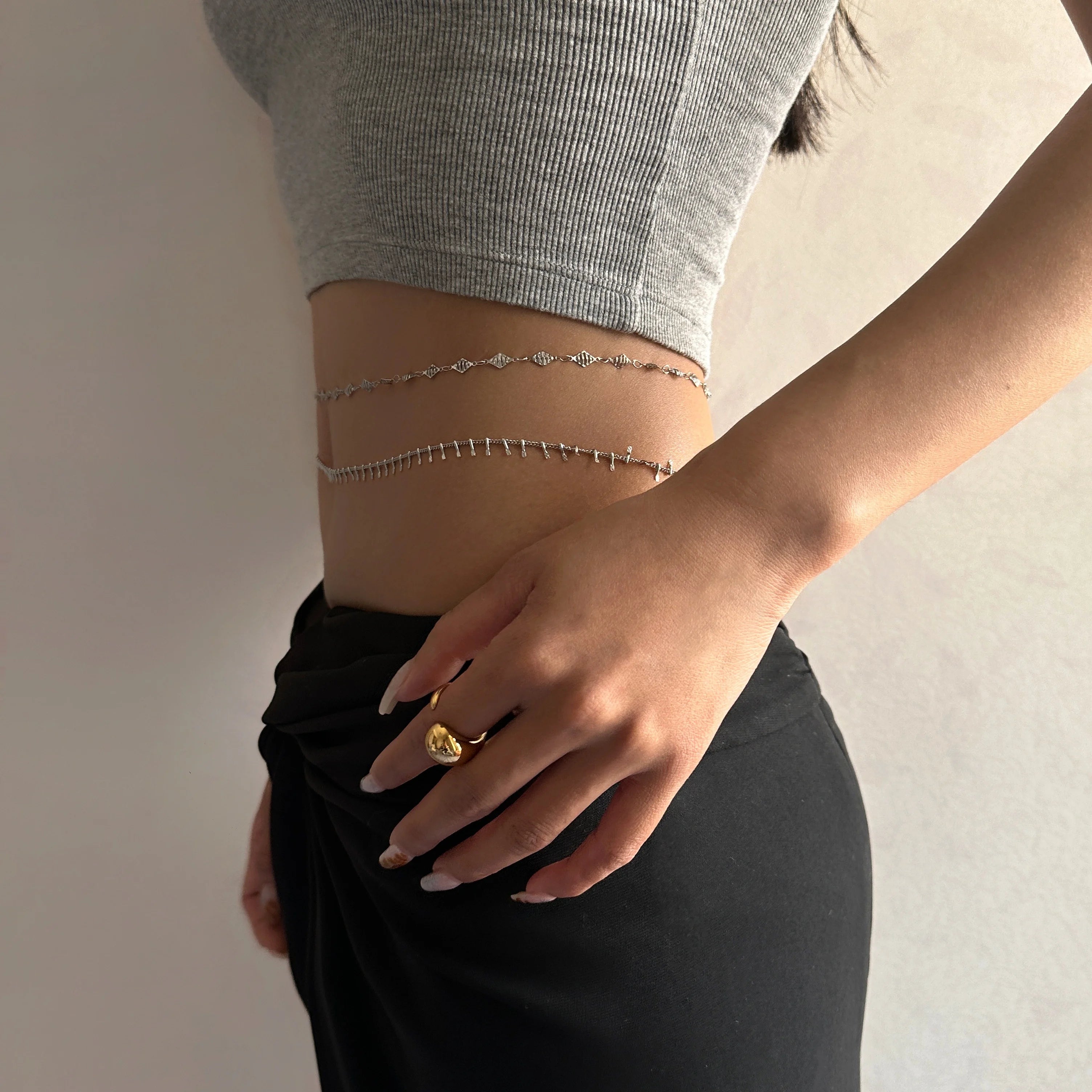 2023 Dazan Summer New 18k Pvd Gold Plated Stainless Steel Summer Hawaiian Unique Tassel Design Belly Chain Body Chain for Women