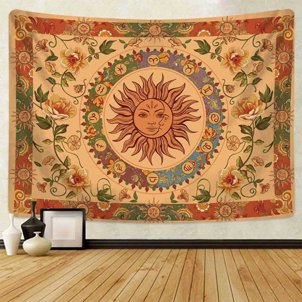 Psychedelic Sun Moon Wall Hanging Tapestry Yellow Tarot Astrology Witchcraft Mandala Art Celestial Room Wall Decor Tapestry