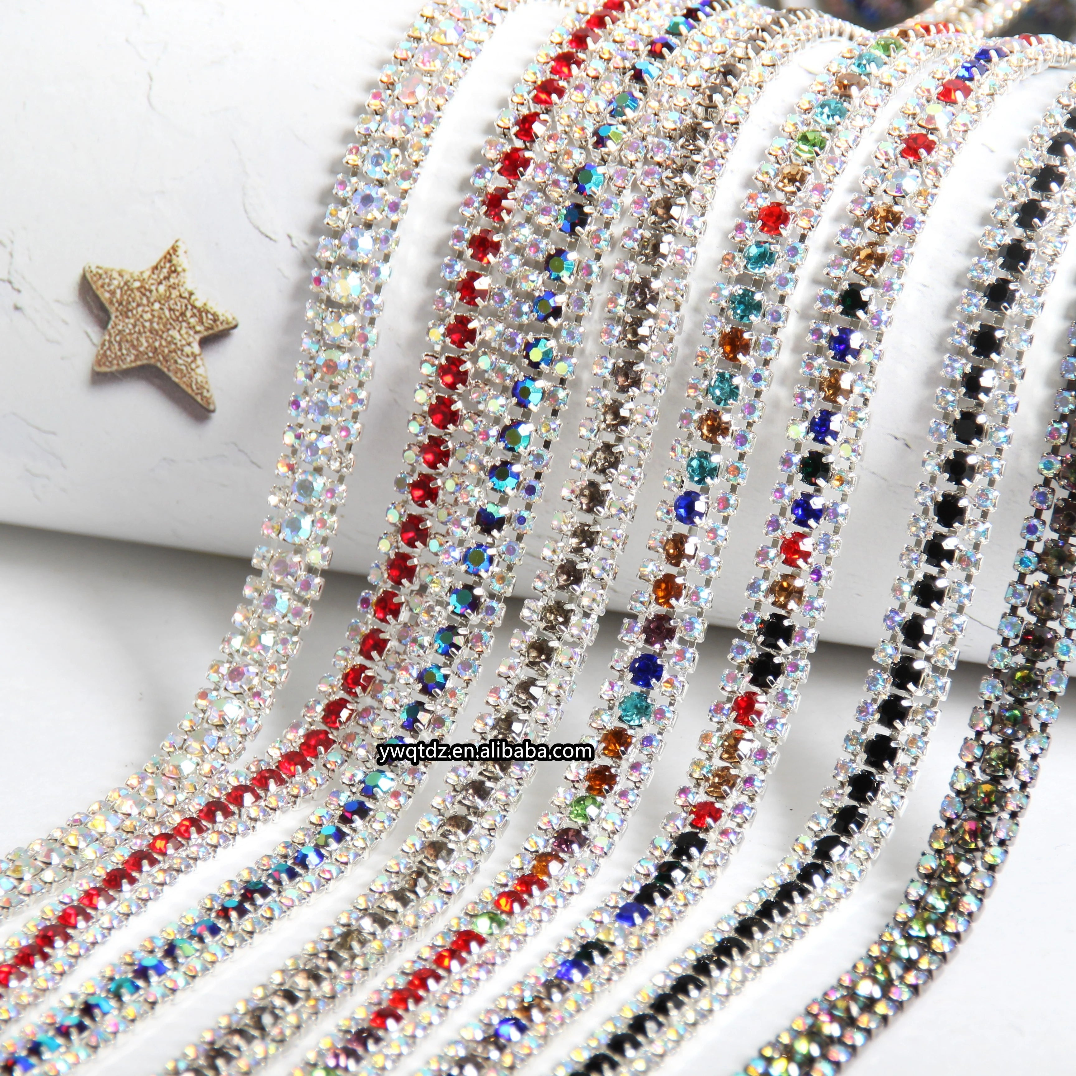Multi-Color Silver AB Plated Water Diamond Chain 3-Row Claw Customizable Clothing Crystal Cup Chains Glass Rhinestones Material