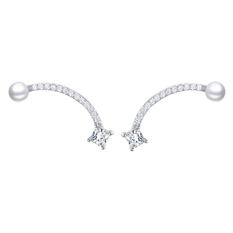 Exquisite Women Pearl Jewelry 925 Sterling Silver CZ Diamond Smile Shaped Pearl Stud Earrings