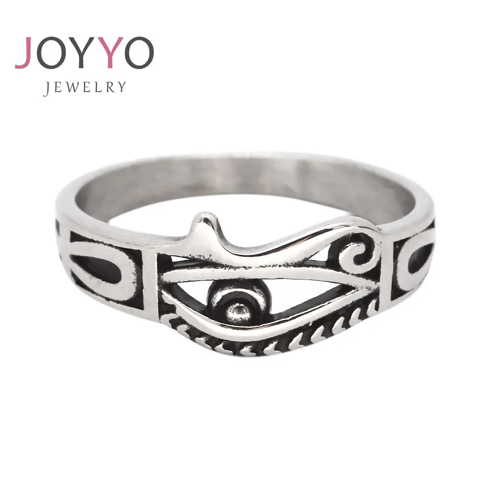 Hollow Stainless Steel Vintage Cluster Eye of Horus Ankh Cross Ring for Women Men Unisex Protection Amulet Egyptian Jewelry