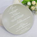 Custom Circle Round Silver Mirror Acrylic Menu Cards White Foil Printing Luxury DIY Wedding Dinner Restaurant Menus