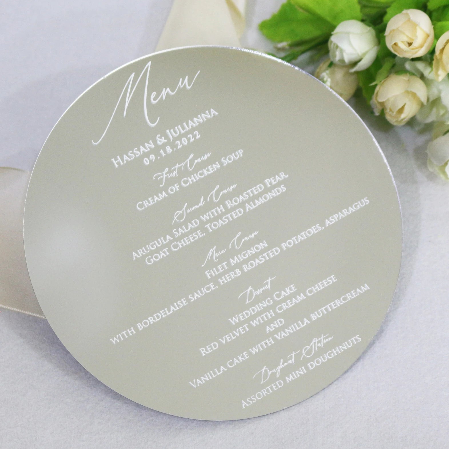 Custom Circle Round Silver Mirror Acrylic Menu Cards White Foil Printing Luxury DIY Wedding Dinner Restaurant Menus