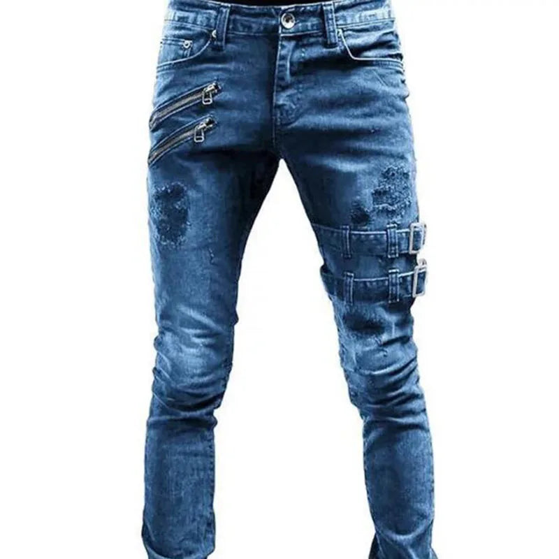 RNSHANGER Straight Jeans Man Pants Spring Autumn Boyfriend Jeans Streetwear Skinny Zips 3 Colors Casual Long Denim Trousers