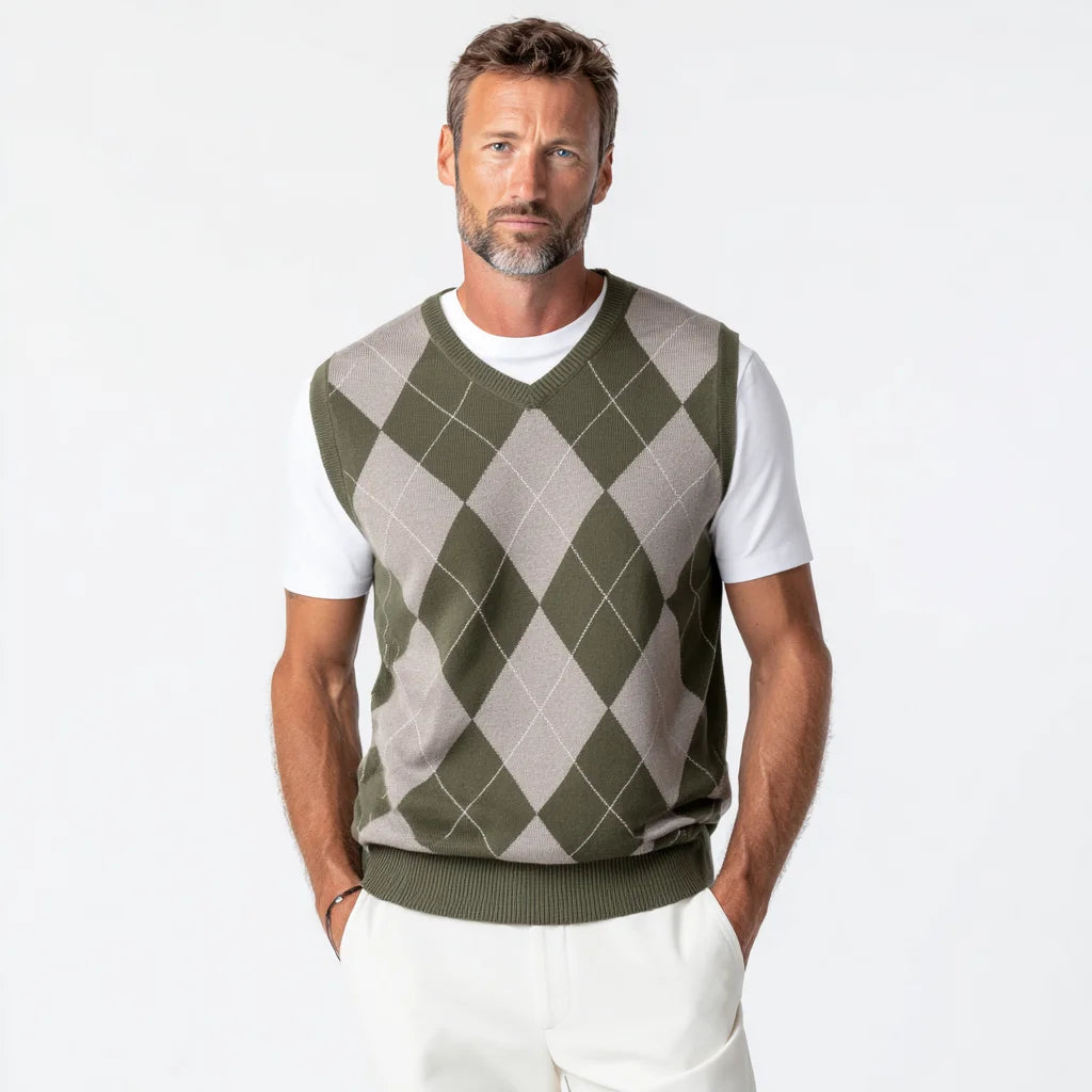 Men's Heritage Style Merino-Blend Argyle Crew-Neck Sweater Vest Winter Knitted