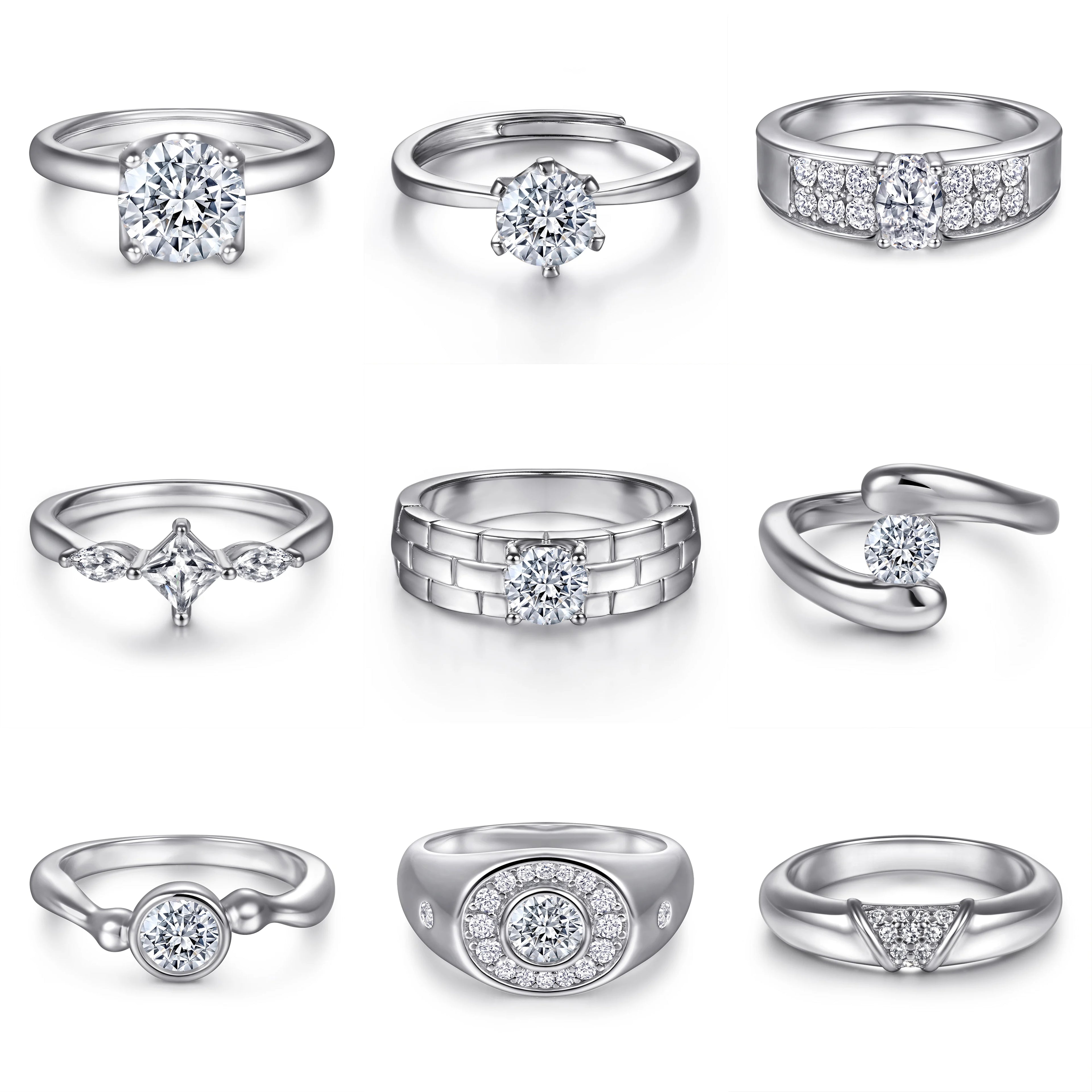 Customized Jewelry Manufacturer 925 Silver White Gold Plated Zirconia Stone Engagement Wedding Rings