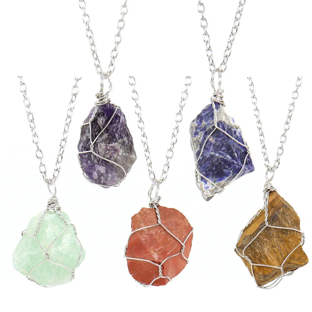 New Style Irregularity Wire Wrapped Raw Natural Stone Amethyst Rose Quartz Gemstone Jewelry Pendant Necklace