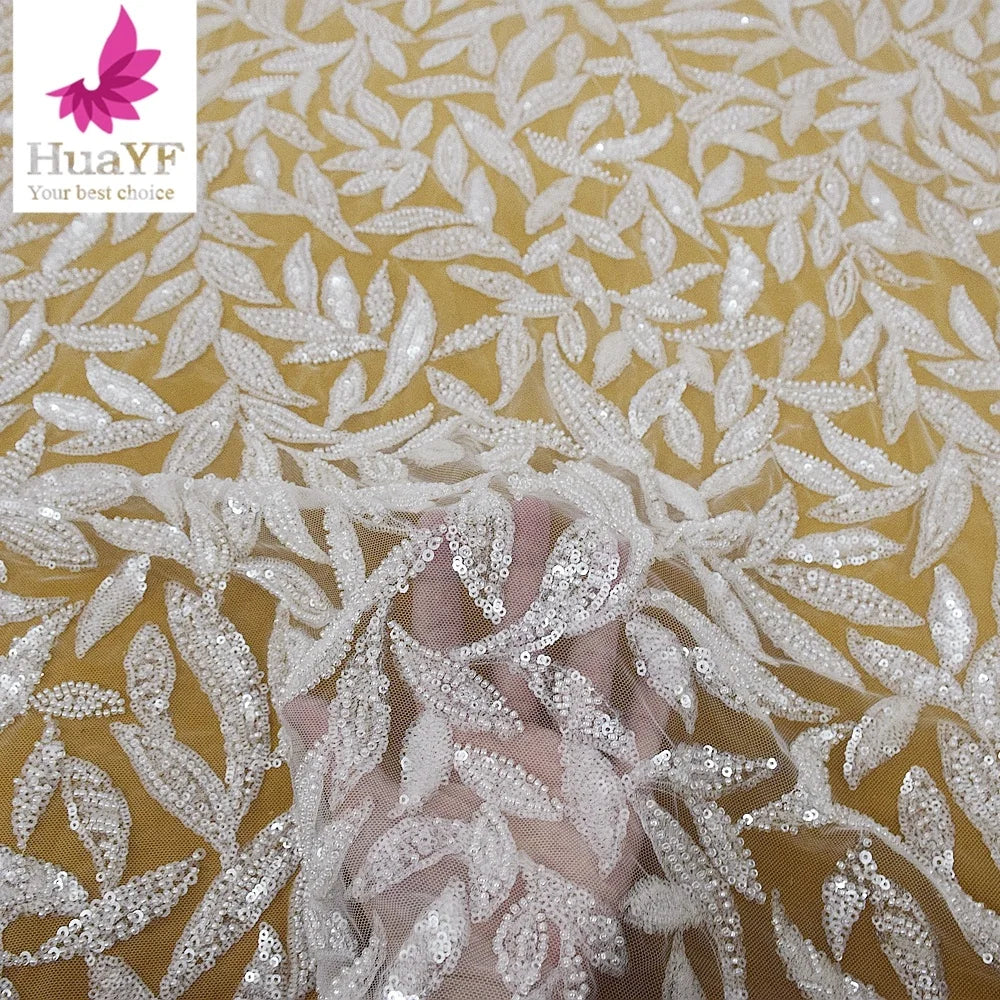 White Luxury Bridal Leaf Shape Tulle Sequins Lace Beaded Fabrics for European Wedding Dress  HY2060