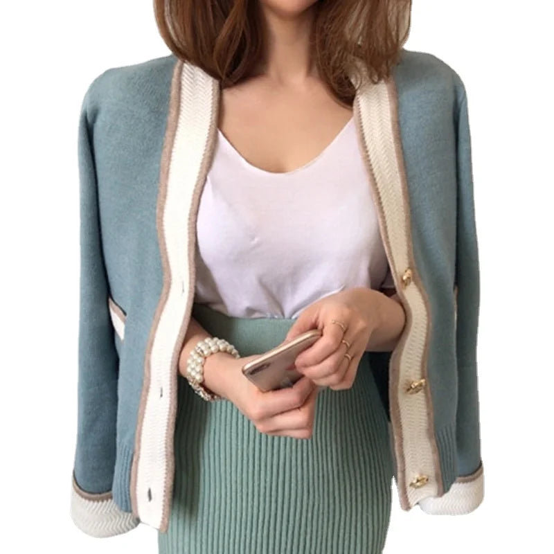 Wholesale 2026 Autumn French Style V-neck Contrast Edge Single Breasted Double Pocket Long Sleeve Cardigan Women's Sweater