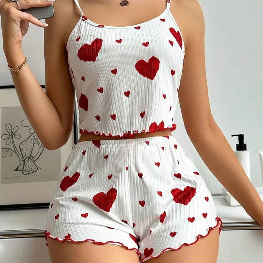 Hot Sales Factory  2024 Knitted Striped love Print Design Sweet Suspender Shorts Quick Dry Soft Pajamas Women Set Clothes