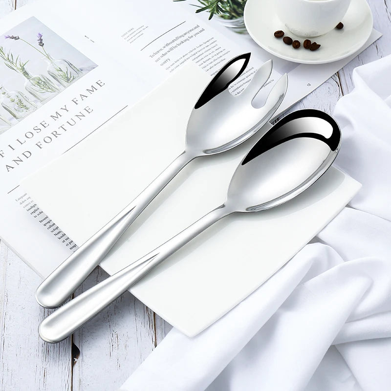 New Design Groove Handle Stainless Steel Spork Set Mirror Polish Salad Dessert Serving Spoon and Fork for Camping