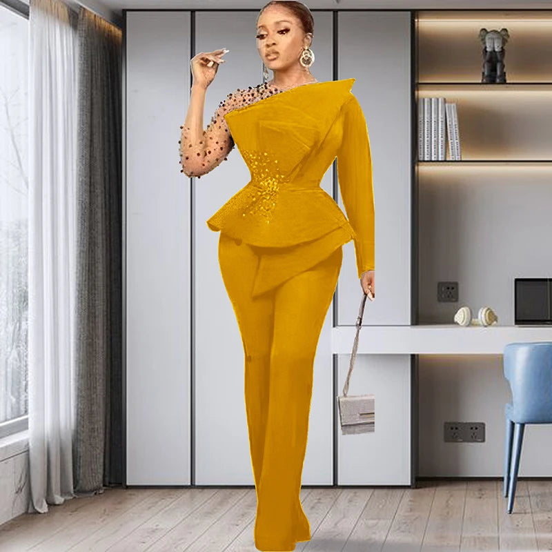 Fashion Elegant Plus Size Solid Color Mesh Stitching Bead Outfits for Women Wide Leg Pants Formal Suit Two Piece Women