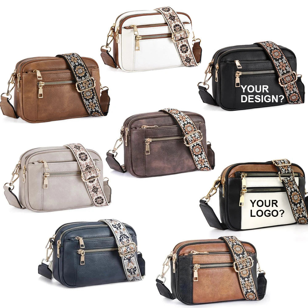 Faux Leather Fashion Shopping Casual Crossbody Bags Sling Shoulder Women PU Leather Square Messenger Bags with Embroidery Strap