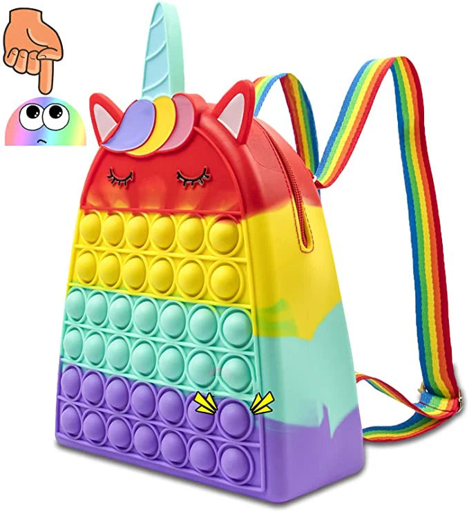 Rainbow Rabbit Unicorn School Backpack for Girls Fashionable Cartoon-Style Push Bubble Comfortable Shoulder Strap Schoolbook Bag