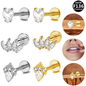 Gaby ASTM-F136 Titanium Lip Rings Labret Inlaid Zircon Helix Monroe Internal Thread Body Piercing Jewelry Wholesale for Women