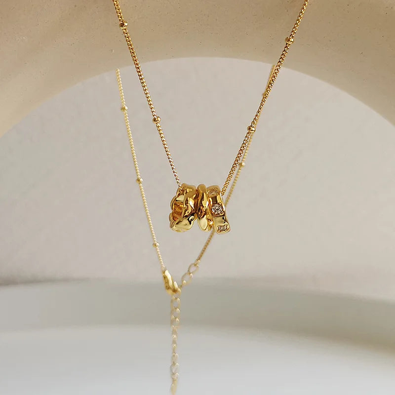 Gold Plated High Polished Cubic Zircon Three Rings Pendant Necklace S925 Pure Silver Beads Chain CZ Three Circle Necklace