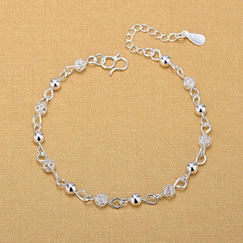 Wholesale Women 925 Sterling Silver Hollow Round Ball Beads Beaded Women Wrist Bracelets