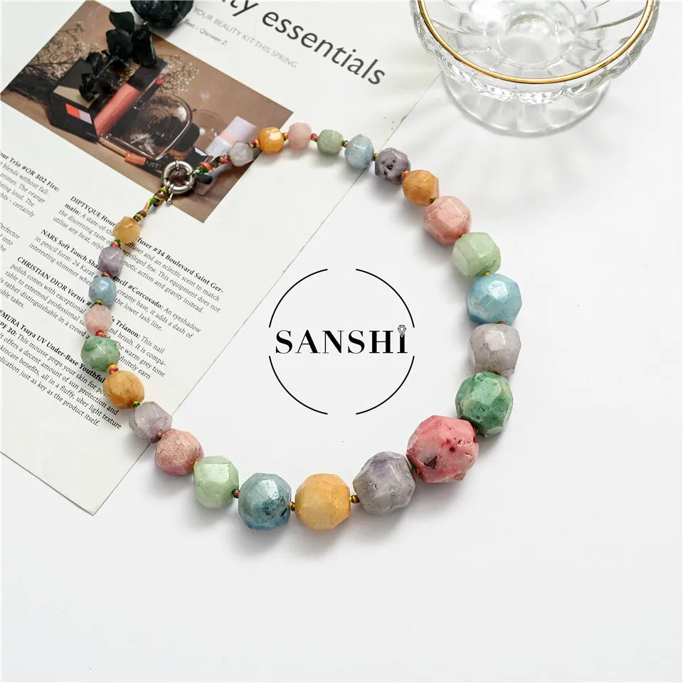 Manual Candy Color Natural Stone Additive Color Corner Cut Round Beads Necklace High Jewelry Women Gift