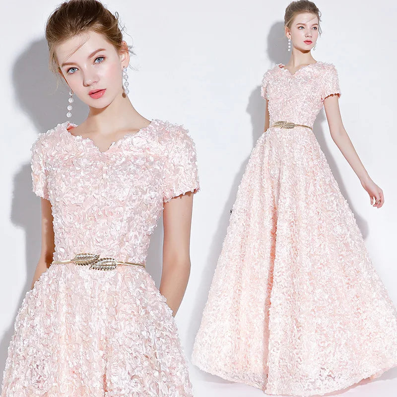 Pink Chiffon Women's Birthday & Prom Elegant Empire Waist A-Line Ankle-Length V-neck Lace Anti-Wrinkle Dress with Pocket MegaBDM