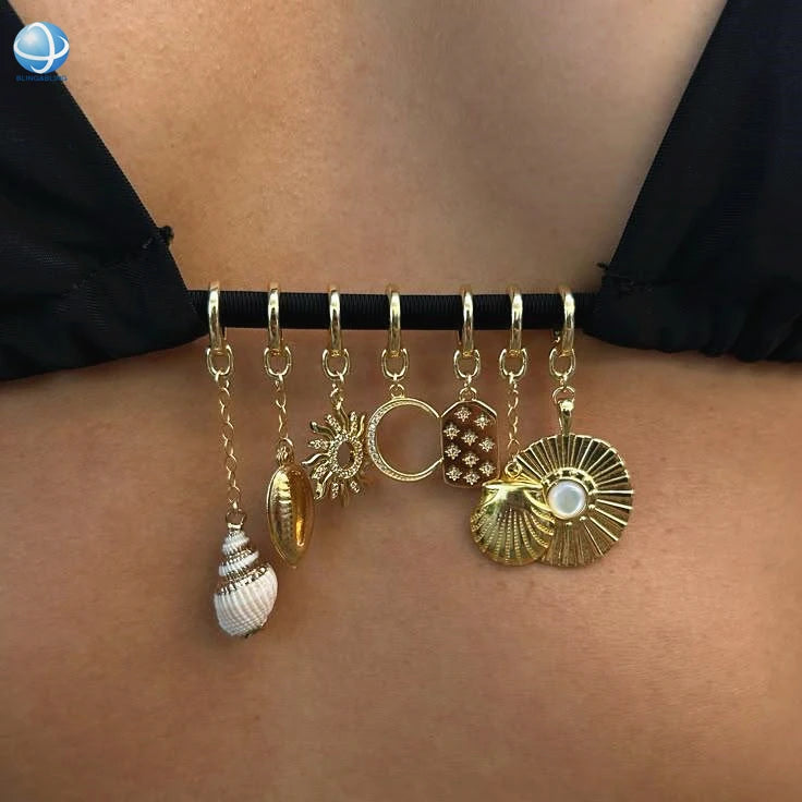 Summer Jewelry Gold Bikini Charms Waterproof Metal Starfish Seashell Swimsuit Charm Pendants for Girls Swimwear Accessories