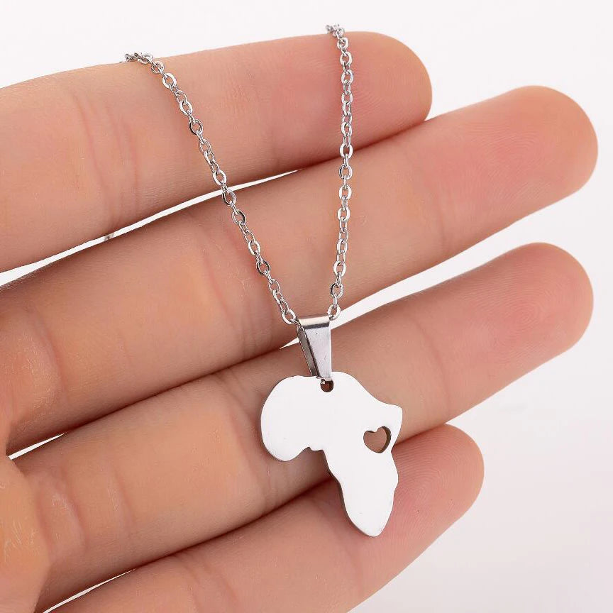 Fashion Non Tarnish 18K Gold Silver Plated 316L Stainless Steel Men Heart Africa Map Pendant Necklace Jewelry for Women