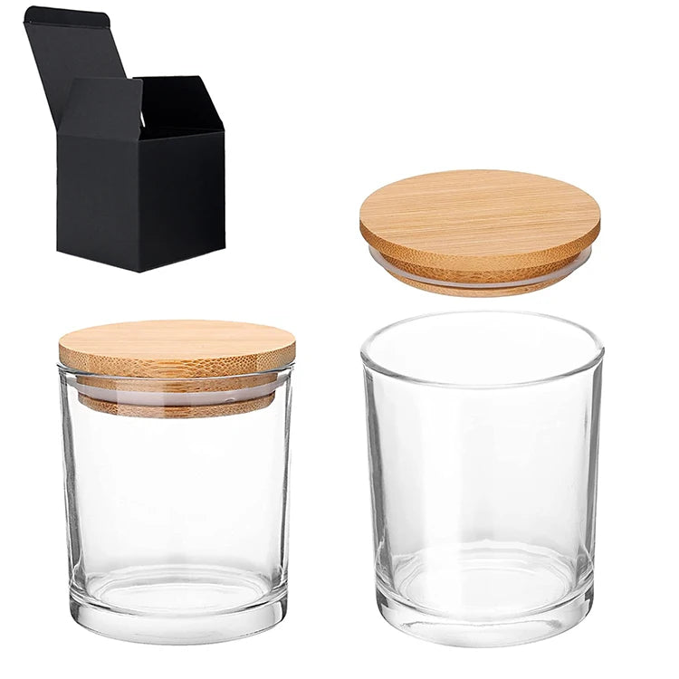 Ready Stock Empty Bamboo Wood Lid Candle Glass Candle Vessel Custom Gift Box 12oz Candle Jar With Lid
