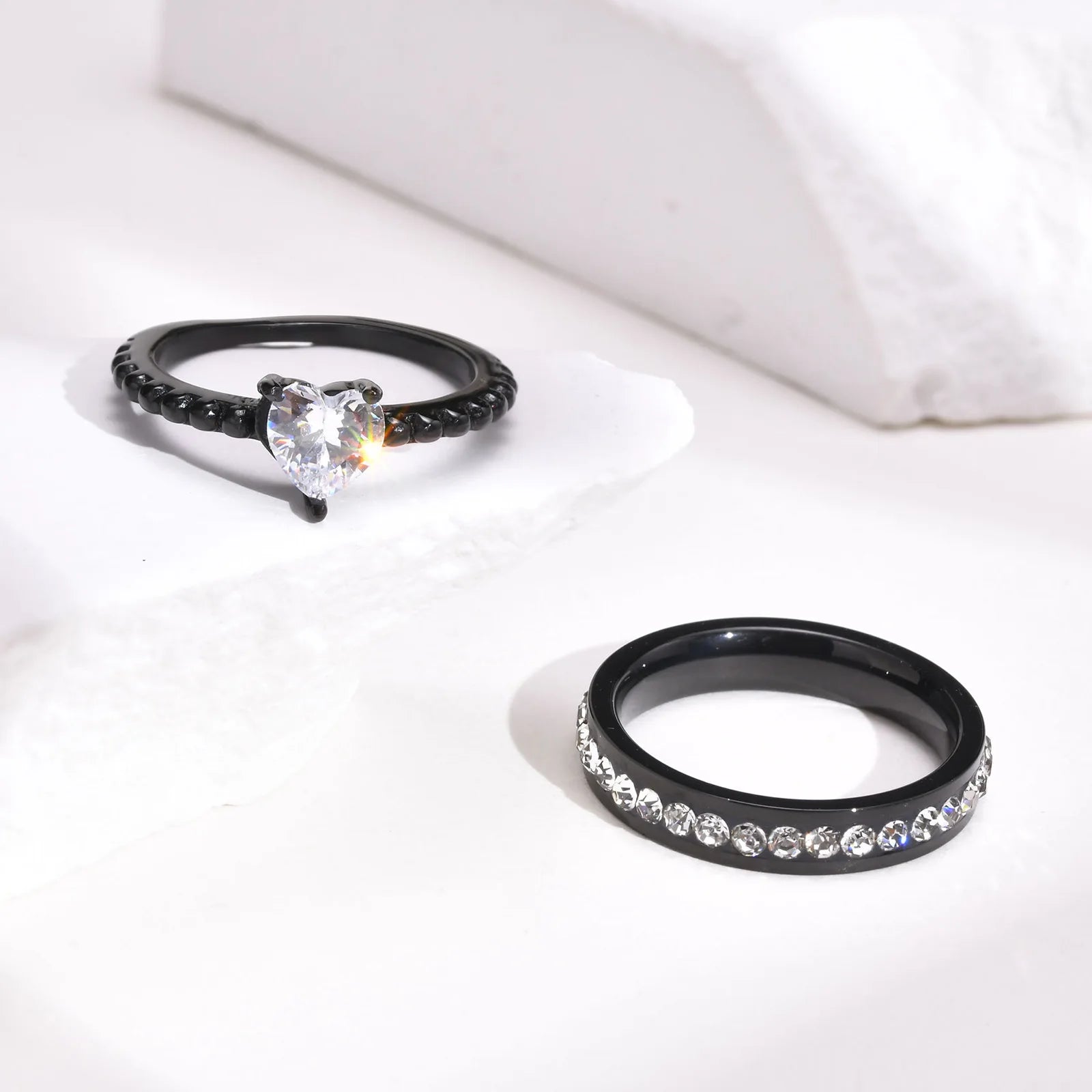 Stainless Steel Black Women Rings Set Stackable Single Row Zircon Heart Ring for Women Wedding Engagement Jewelry Gift