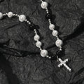 Hip Hop Retro Reflective Pearl Necklace for Women Men Punk Sweet Cool Rhinestone Cross Pendant Clavicle Stainless Steel Weddings
