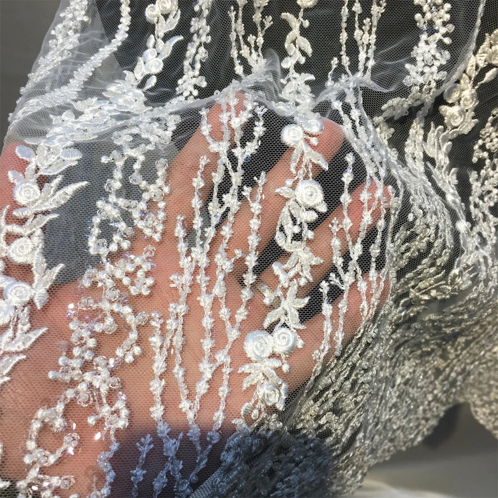 High-end Embroidery White French Lace Fabric Bridal Dress for Wedding Custom African Beaded Fabrics Lace