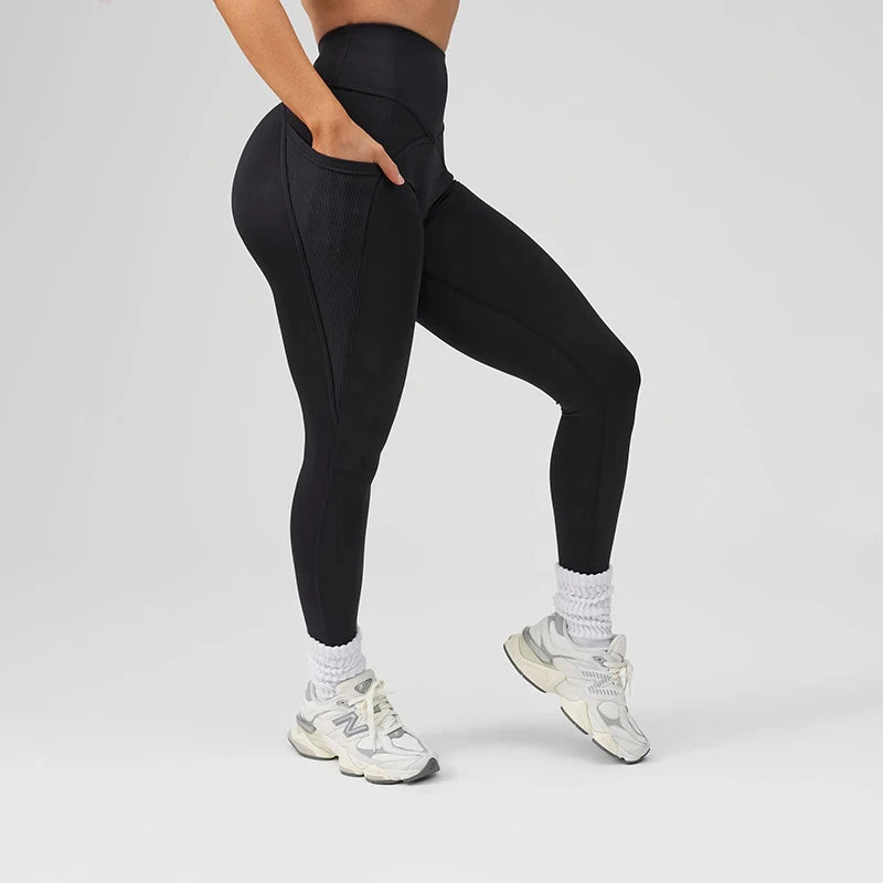 Factory Wholesale Custom Women Yoga Pants Tummy Control Daily Ribbed Mix Pocket High Rise Soft V Front Waist Glute Yoga Leggings