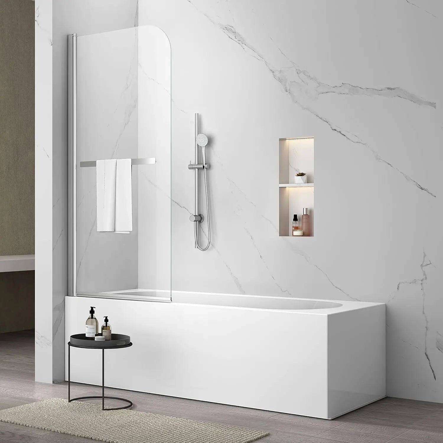 34"*58" Folding Bathtub Shower Door With Tempered Glass Frameless Towel Bar