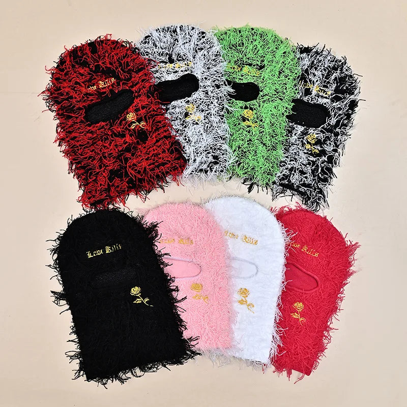 Hip Hop Winter Full Face Ski Mask Fur Furry Fuzzy Grassy Knit Skimask Distressed Balaclava With Custom Logo