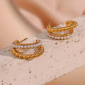 Dreamshow Dainty Double Layer Pearl Bead Stud Earrings for Women 18k Gold Plated Stainless Steel Earring
