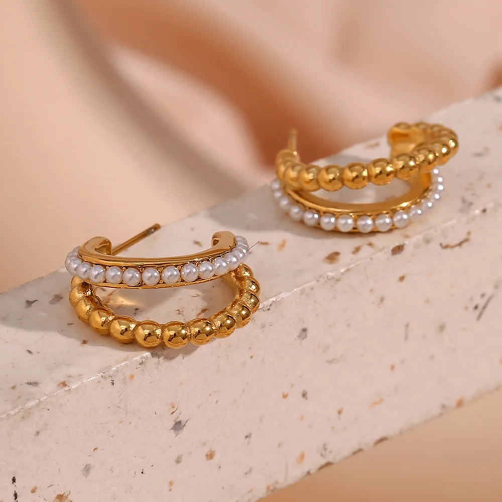 Dreamshow Dainty Double Layer Pearl Bead Stud Earrings for Women 18k Gold Plated Stainless Steel Earring
