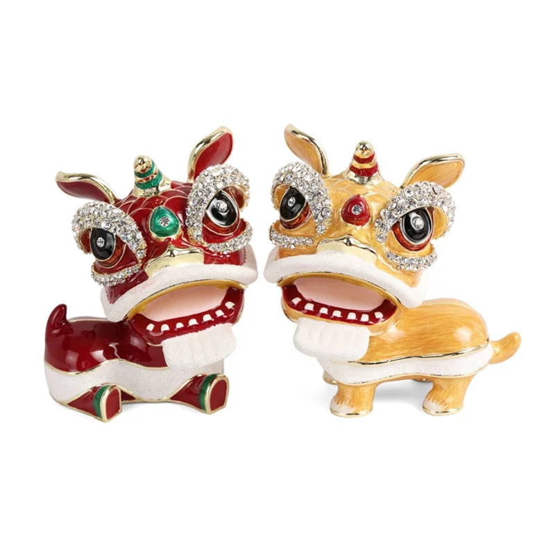SHINNYGIFTS New Year Home Decorative Box Feng Shui Hand Enamel Metal Craft Lion Dance Trinket Box for Home Office