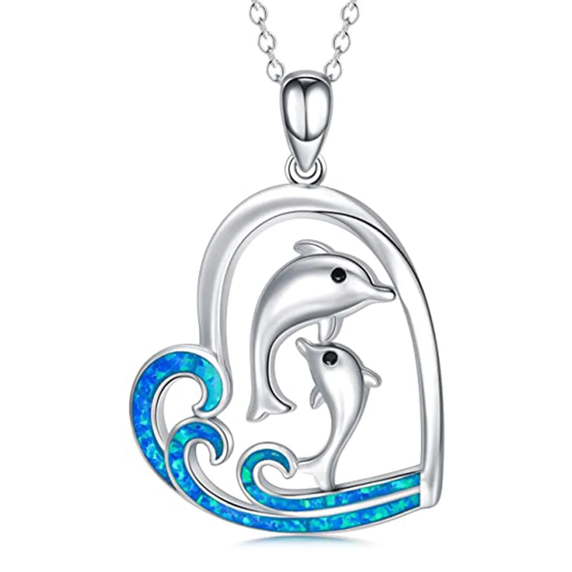 New Arrival 925 Sterling Silver Blue Opal Zircon Mother and Baby Dolphin Heart Pendant Necklace Wave Silver Pendant