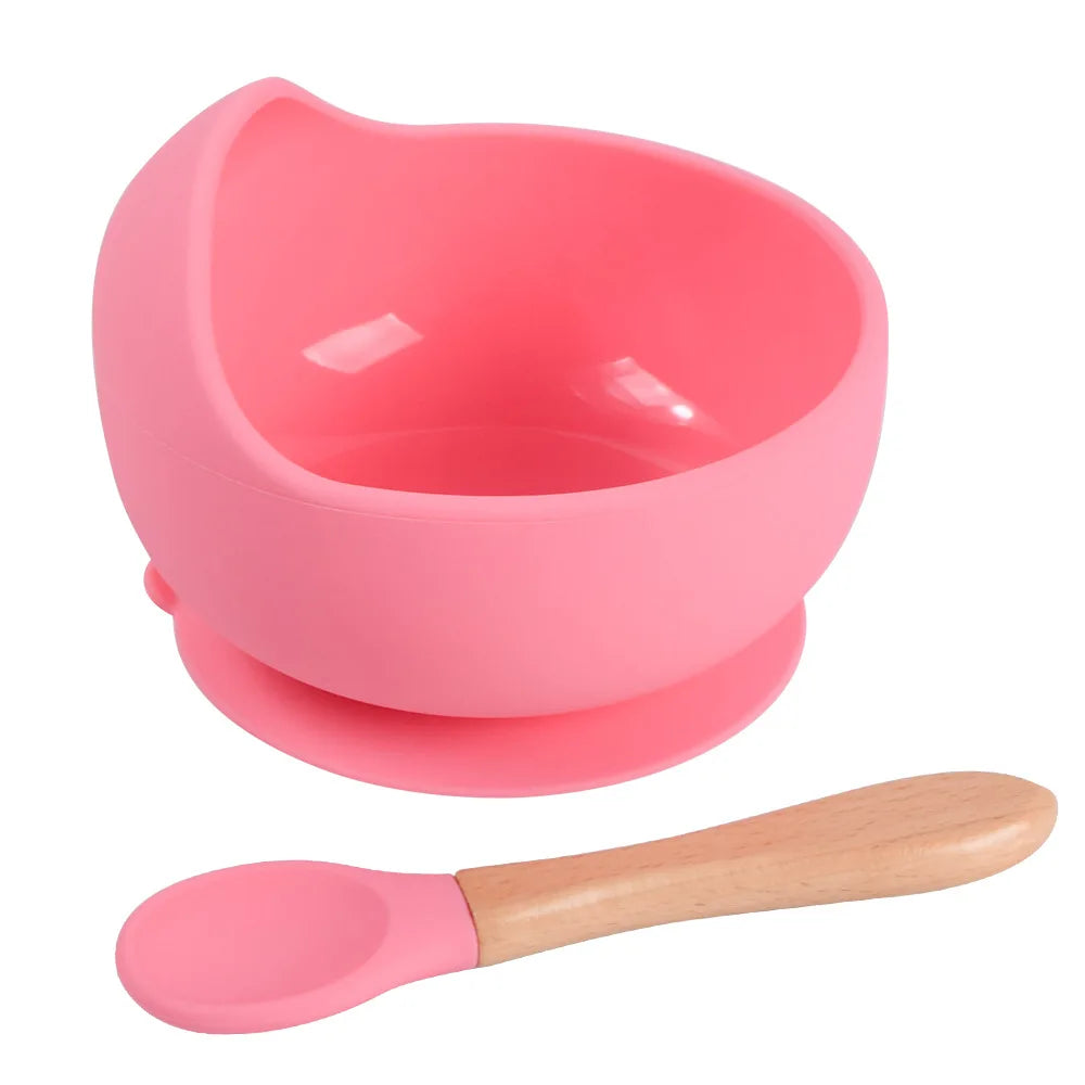Baby Silicone Bowl Set BPA Free Non-slip Children's Suction Bowl Wooden Handle Silicone Spoon Food Grade Waterproof Tableware