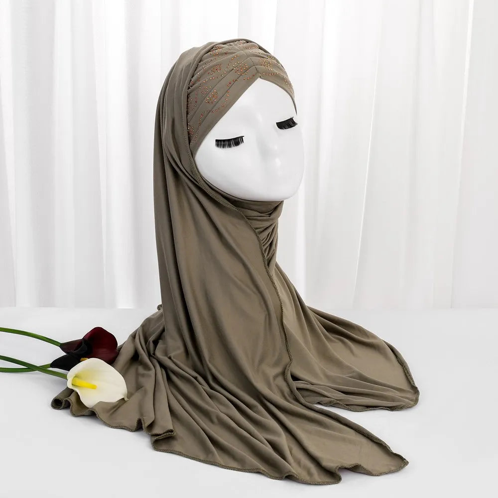 Turkish Women Casual Formal Instant Beading Stoles Amira Solid Color Crinkle Pince Hijab Jersey Muslim Undercap Brooch Scarf