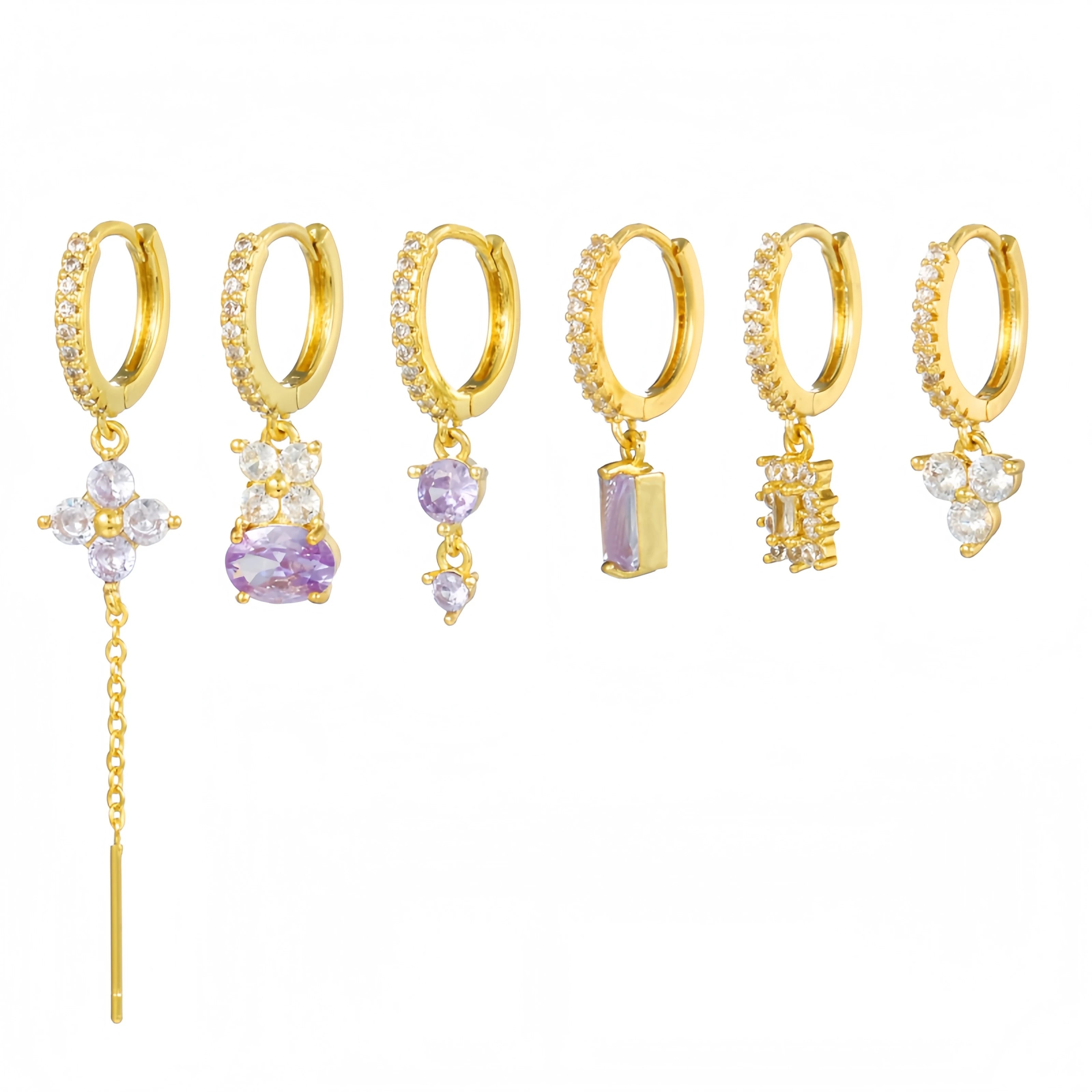 New Arrival Luxury Charm Hoop Earring Set Tassel Flower Geometric Pendant Purple Zircon 18K Gold Plated Leaf Wedding Engagement