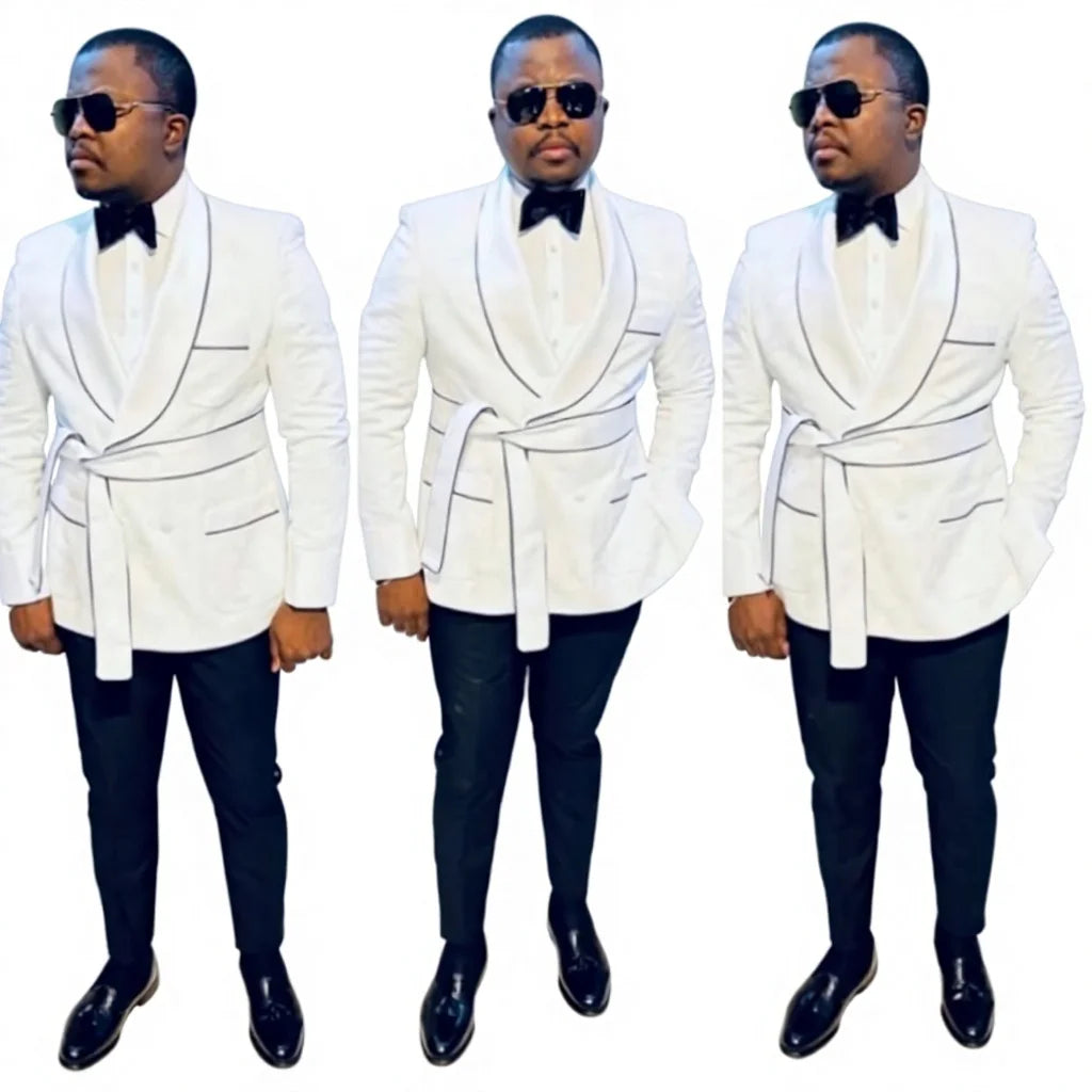 White Jacquard Men Suits With Piping Black Trim Smoking Blazer Pant 2 Piece Groom Terno Suits Set for Men Wedding Guest Wear