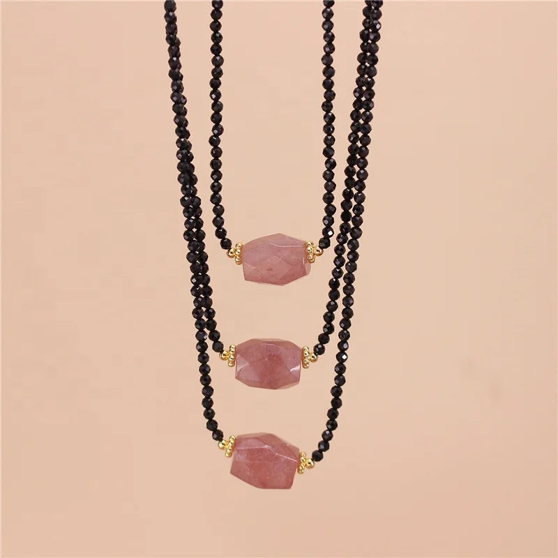 Small Natural Stone Black Spinel Strawberry Quartz Beaded Choker Necklace Yoga Minimalist Short Necklace Jewelry Dropshipping