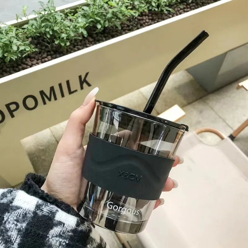 Reusable 450ml Bubble Tea Cups Green clear Smoothie Tumbler Glass Coffee Cup With Straw and Lid