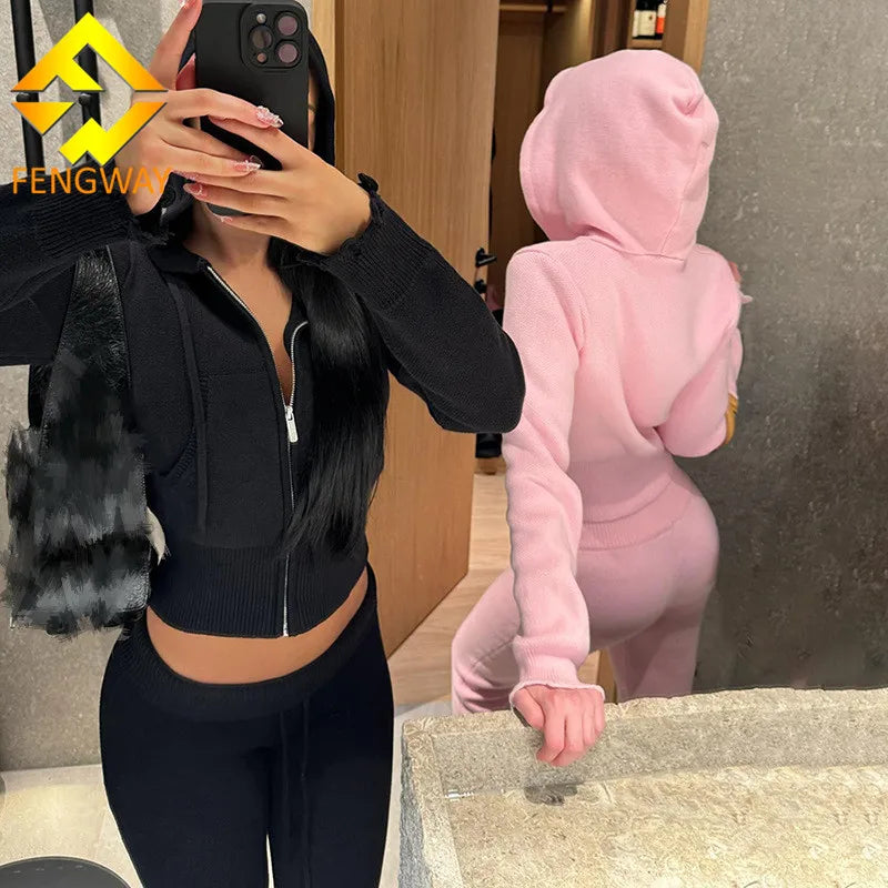 Fall Winter Women Sexy Slim Fit Knitted Hoodie Tracksuit Long Sleeve Zipper Crop Top+High Waist Pants 2 Piece Set for Women
