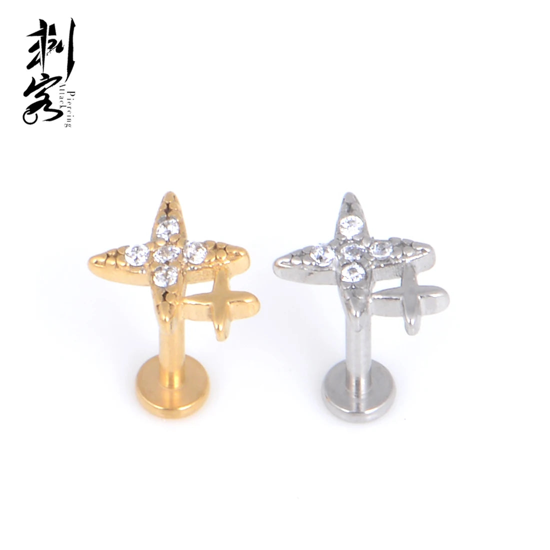 Stainless Steel Internally Threaded Double Star Cross with CZ Top Labret Jewelry