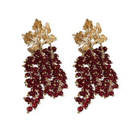 DUYIZHAO Vintage Real Gold Plated Leaf Silver Needle Handmade Glaze Beaded Grape Cluster Long Tassel Earrings for Women Gift